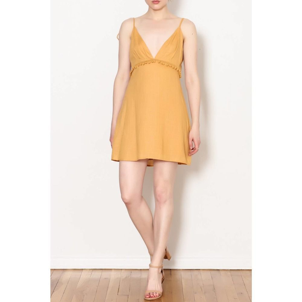 Emory Park Women Mustard Yellow preowned pom pom boho mini dress small
